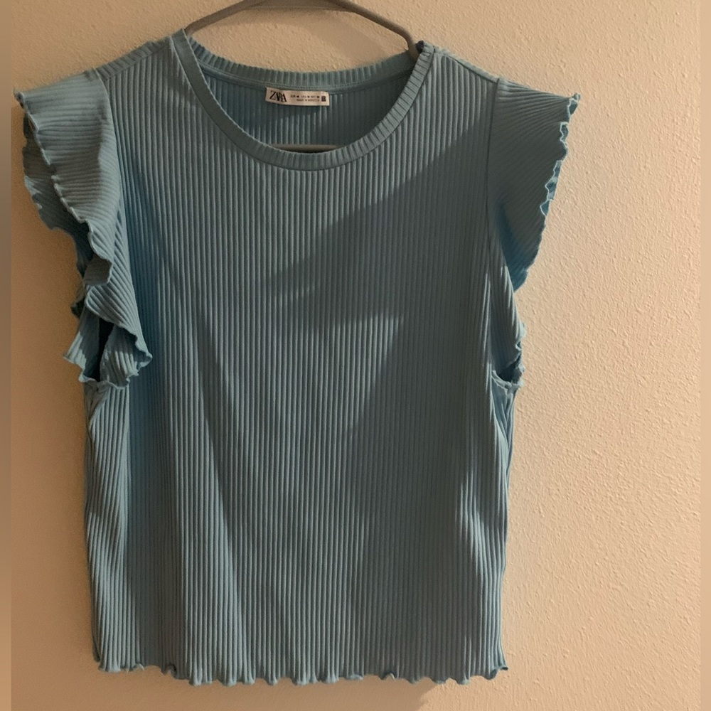 Zara blue ribbed ruffle top